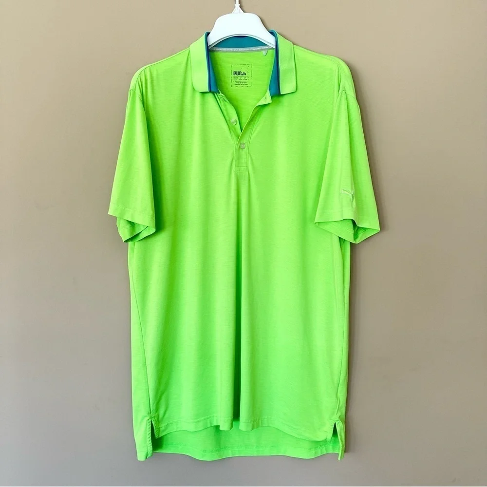 Puma Golf Polo Shirt Men L Neon Yellow Green Performance Stretchy Wicking Dry
